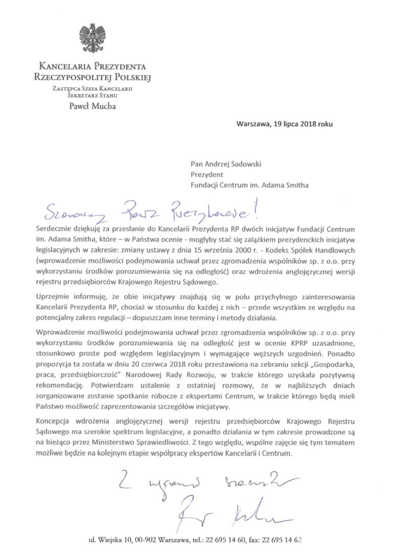 Potwierdzenie przyjęcia propozycji inicjatyw ustawodawczych Centrum im. Adama Smitha